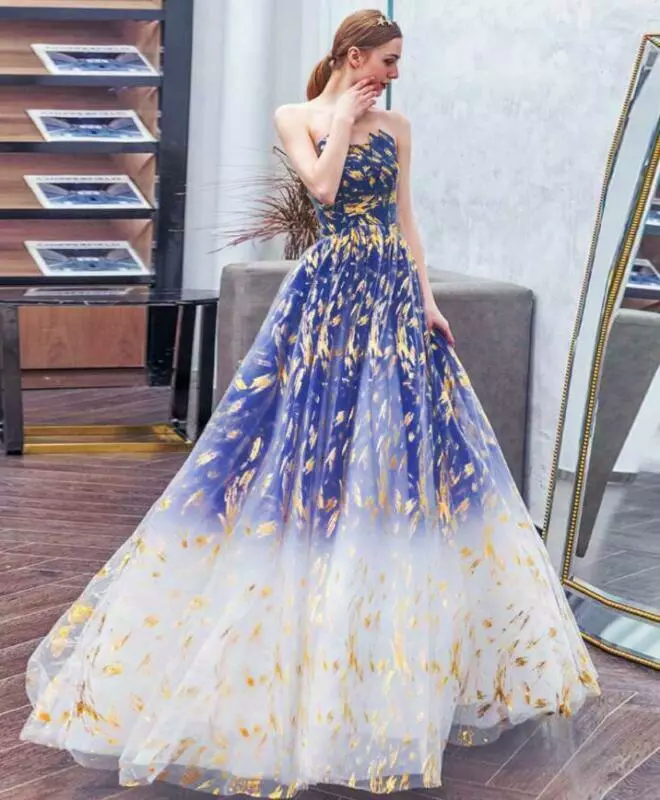 Vestido de fiesta largo de tul azul con corte en A, vestidos de noche largos de tul azul ED0739