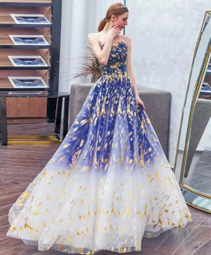 Vestido de fiesta largo de tul azul con corte en A, vestidos de noche largos de tul azul ED0739