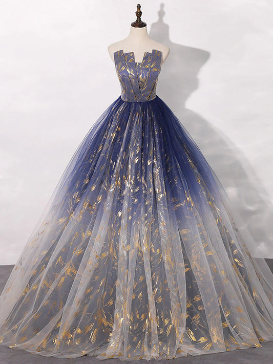 Vestido de fiesta largo de tul azul con corte en A, vestidos de noche largos de tul azul ED0739