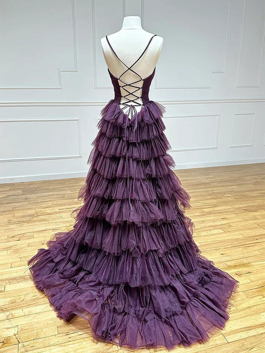 Vestido de fiesta largo de tul morado con escote en A y espalda descubierta, vestido formal largo de tul ED074