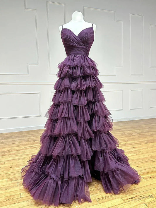 Vestido de fiesta largo de tul morado con escote en A y espalda descubierta, vestido formal largo de tul ED074
