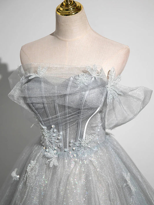 Gray A-Line Tulle Long Prom Dress, Gray Tulle Formal Evening Dress ED0741