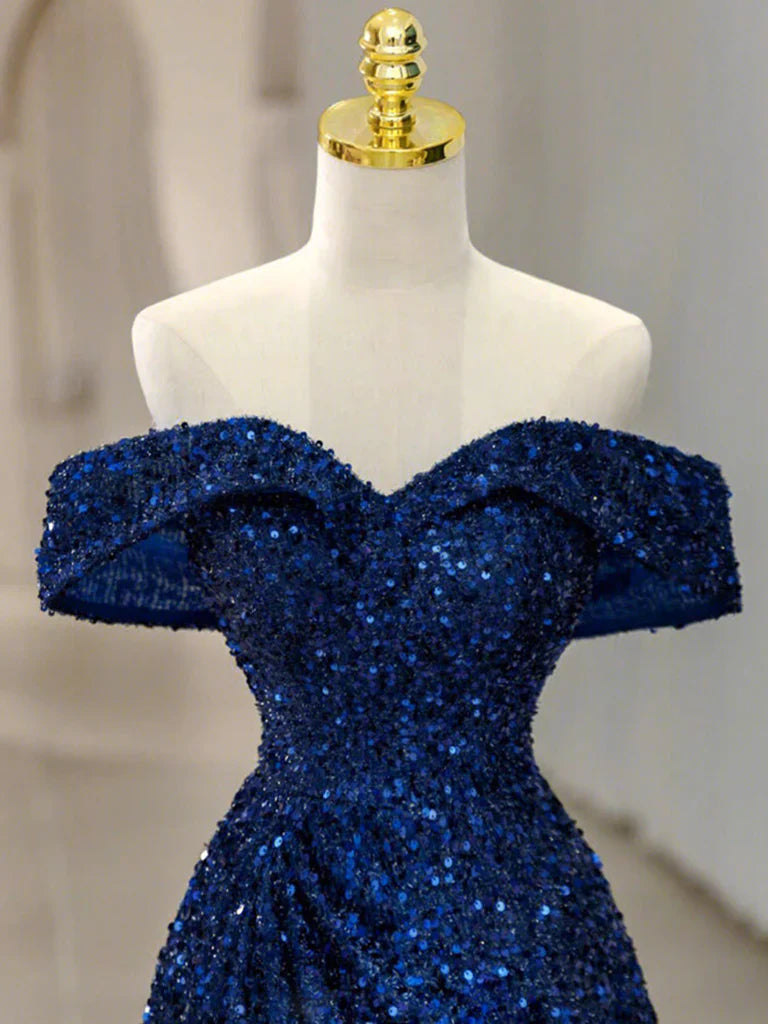 Vestido de fiesta largo azul con lentejuelas y hombros descubiertos, vestido de noche largo azul con lentejuelas ED0742