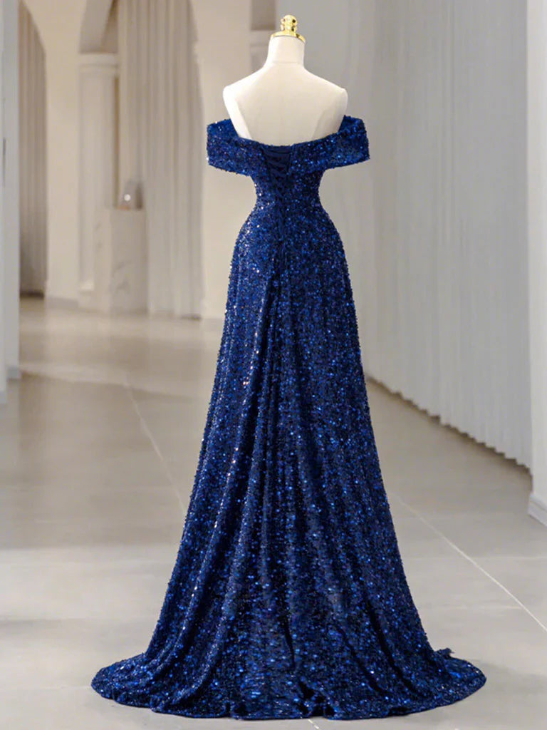Vestido de fiesta largo azul con lentejuelas y hombros descubiertos, vestido de noche largo azul con lentejuelas ED0742