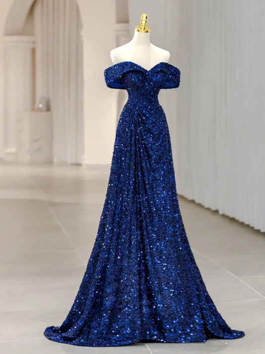 Vestido de fiesta largo azul con lentejuelas y hombros descubiertos, vestido de noche largo azul con lentejuelas ED0742