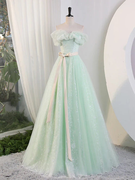 Vestido largo de fiesta de tul verde con hombros descubiertos, vestido largo de encaje verde para quinceañeras ED0743