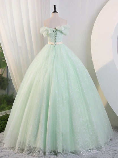 Vestido largo de fiesta de tul verde con hombros descubiertos, vestido largo de encaje verde para quinceañeras ED0743