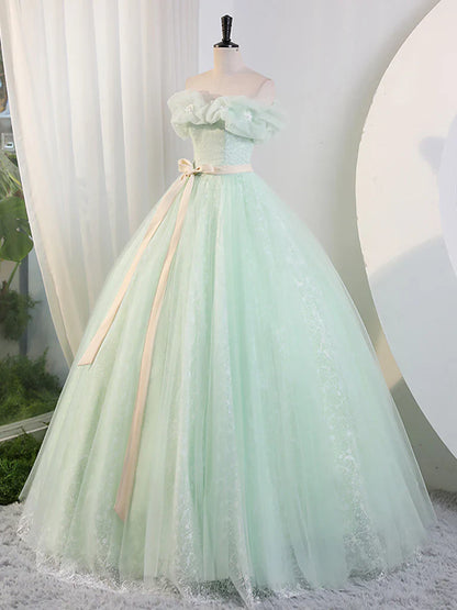 Vestido largo de fiesta de tul verde con hombros descubiertos, vestido largo de encaje verde para quinceañeras ED0743
