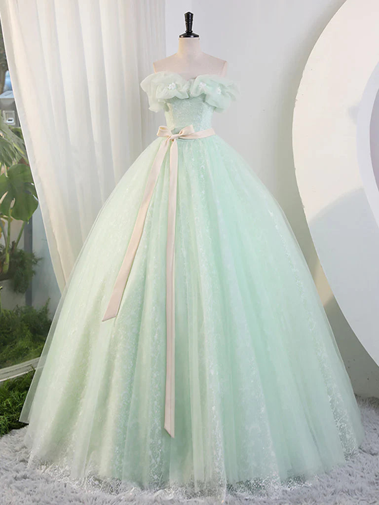 Vestido largo de fiesta de tul verde con hombros descubiertos, vestido largo de encaje verde para quinceañeras ED0743