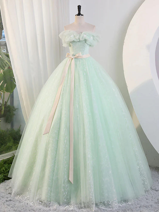 Vestido largo de fiesta de tul verde con hombros descubiertos, vestido largo de encaje verde para quinceañeras ED0743