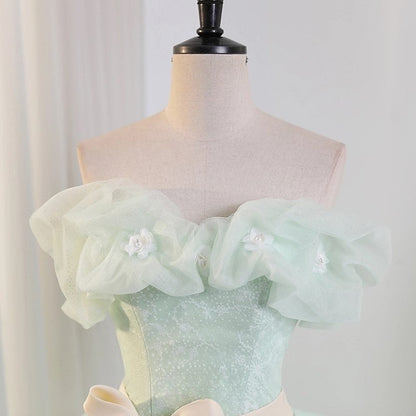 Vestido largo de fiesta de tul verde con hombros descubiertos, vestido largo de encaje verde para quinceañeras ED0743