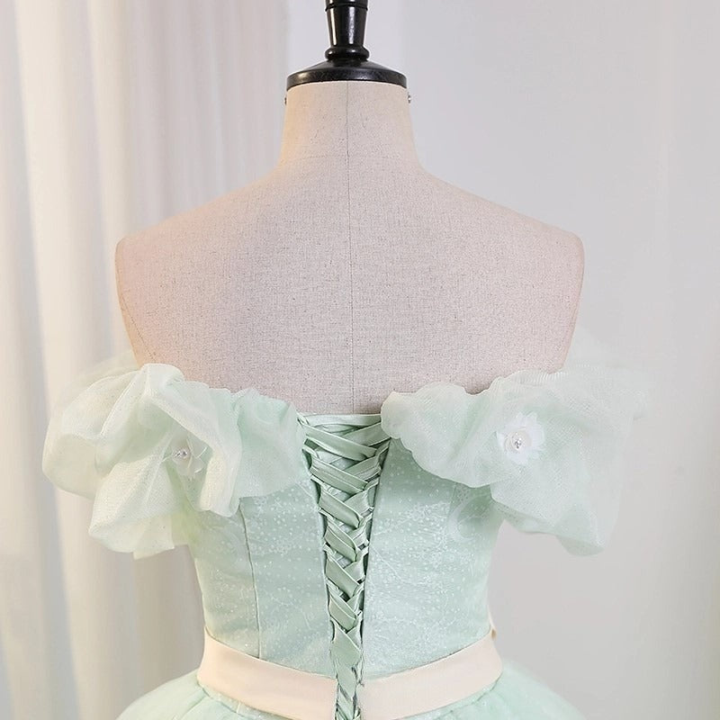 Vestido largo de fiesta de tul verde con hombros descubiertos, vestido largo de encaje verde para quinceañeras ED0743