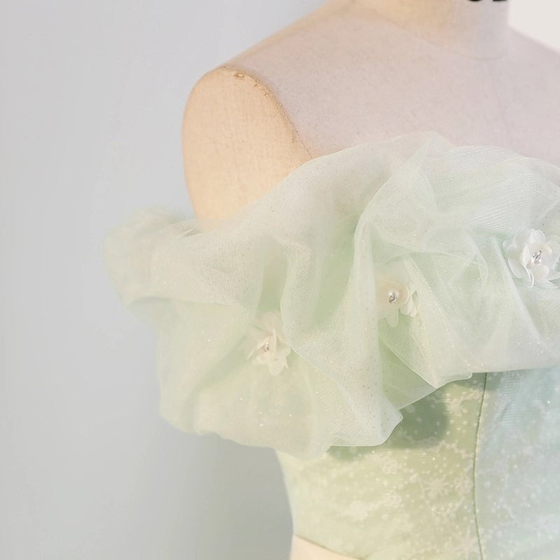 Vestido largo de fiesta de tul verde con hombros descubiertos, vestido largo de encaje verde para quinceañeras ED0743