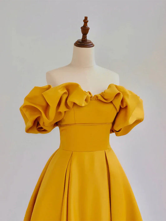 Vestido de fiesta largo amarillo con hombros descubiertos y corte en A, vestido de graduación largo amarillo ED0744