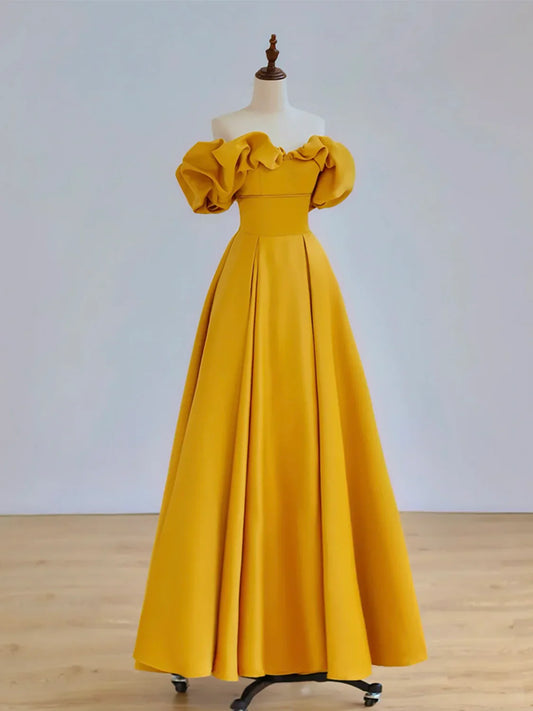 Vestido de fiesta largo amarillo con hombros descubiertos y corte en A, vestido de graduación largo amarillo ED0744