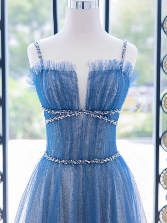 Vestido de fiesta largo de tul azul con corte en A, vestidos formales de tul azul ED0745