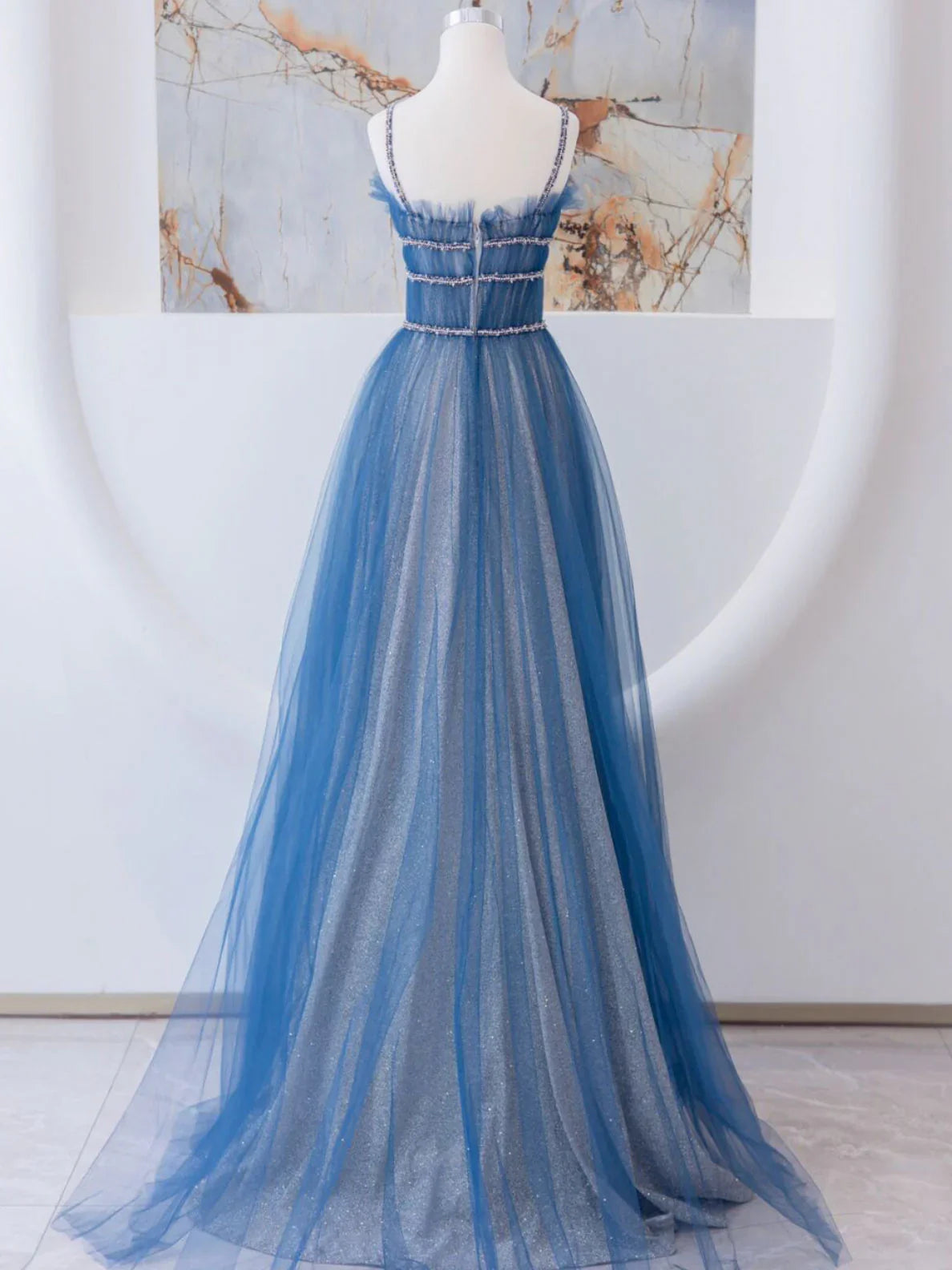 Vestido de fiesta largo de tul azul con corte en A, vestidos formales de tul azul ED0745