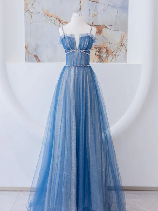 Vestido de fiesta largo de tul azul con corte en A, vestidos formales de tul azul ED0745