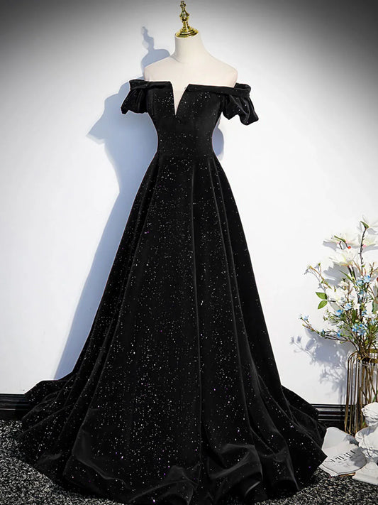 Vestido de fiesta largo de terciopelo negro con hombros descubiertos y corte en A, vestido formal negro ED0746