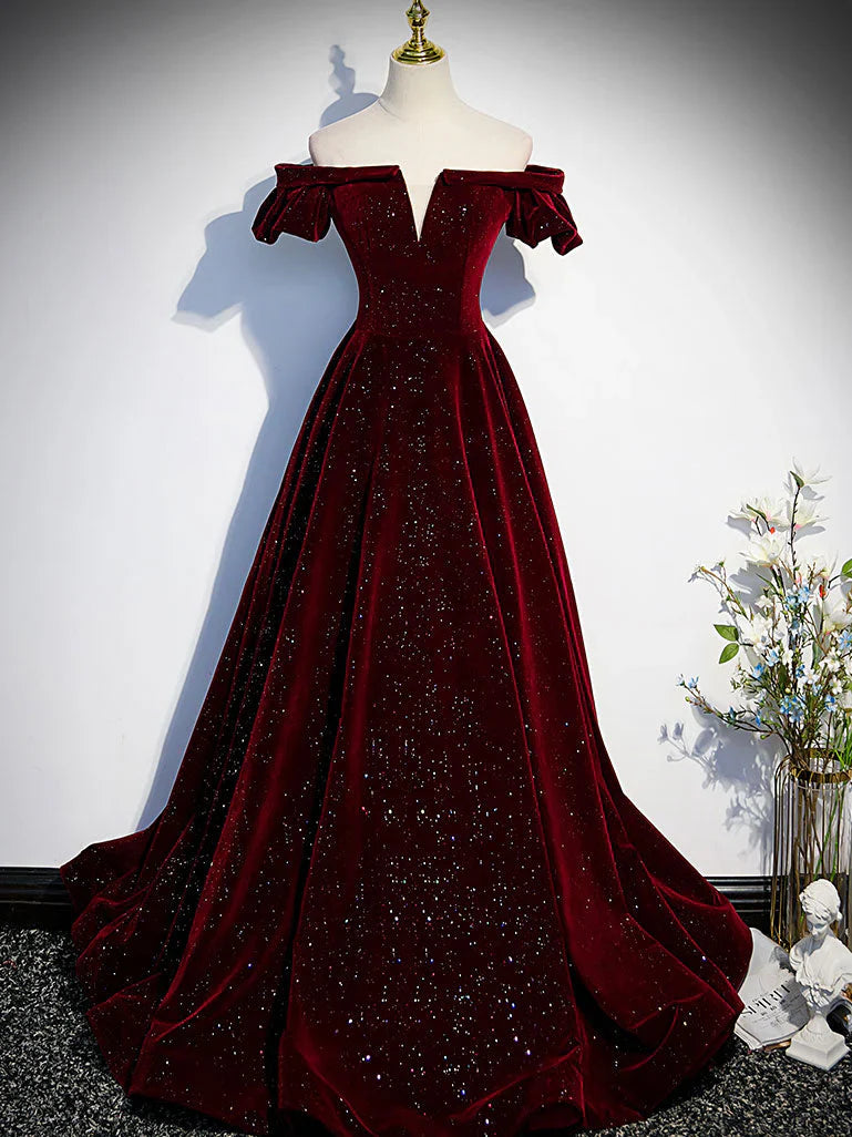 Vestido de fiesta largo de terciopelo negro con hombros descubiertos y corte en A, vestido formal negro ED0746