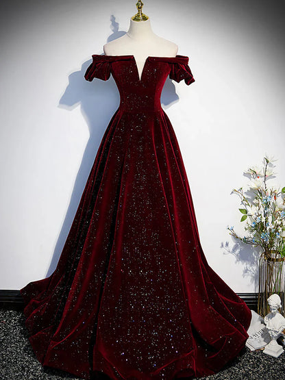 Vestido de fiesta largo de terciopelo negro con hombros descubiertos y corte en A, vestido formal negro ED0746