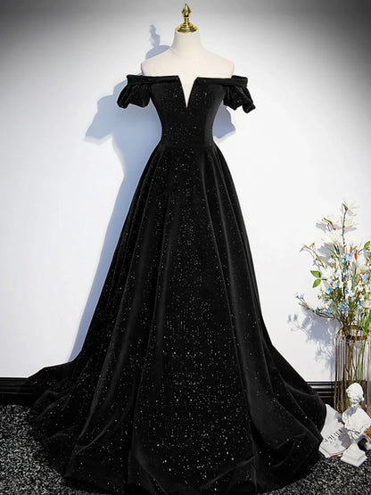Vestido de fiesta largo de terciopelo negro con hombros descubiertos y corte en A, vestido formal negro ED0746