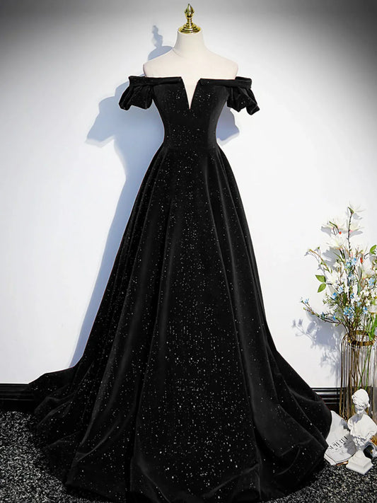 Vestido de fiesta largo de terciopelo negro con hombros descubiertos y corte en A, vestido formal negro ED0746