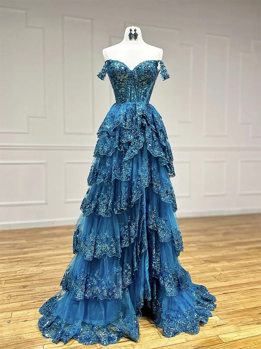 Vestido de fiesta largo azul con escote corazón, tul, lentejuelas y encaje, ED0747