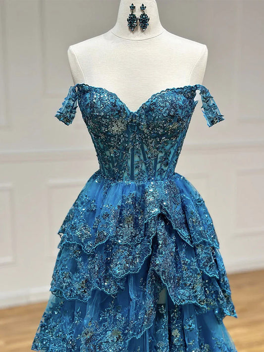 Vestido de fiesta largo azul con escote corazón, tul, lentejuelas y encaje, ED0747