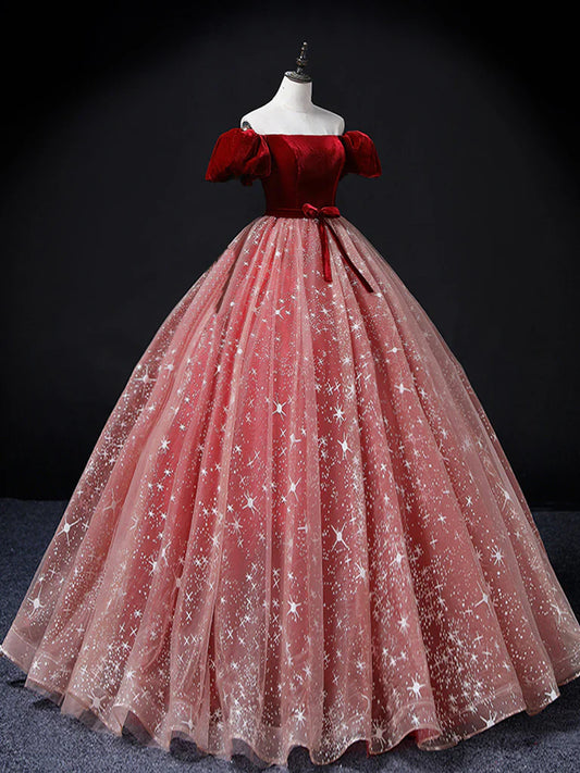 Vestido de fiesta largo de tul burdeos/rosa con corte A, vestido de quinceañera burdeos/rosa ED0748