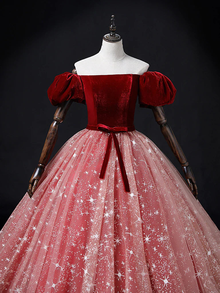 Vestido de fiesta largo de tul burdeos/rosa con corte A, vestido de quinceañera burdeos/rosa ED0748