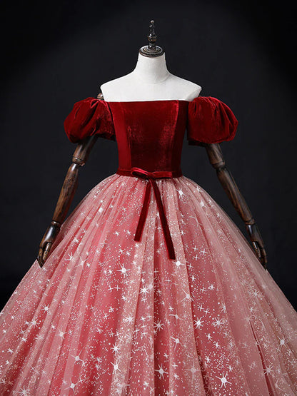 Vestido de fiesta largo de tul burdeos/rosa con corte A, vestido de quinceañera burdeos/rosa ED0748