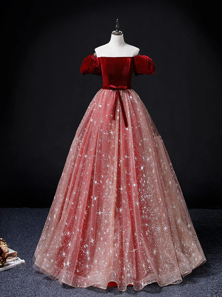 Vestido de fiesta largo de tul burdeos/rosa con corte A, vestido de quinceañera burdeos/rosa ED0748