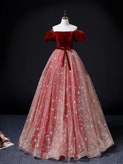 Vestido de fiesta largo de tul burdeos/rosa con corte A, vestido de quinceañera burdeos/rosa ED0748