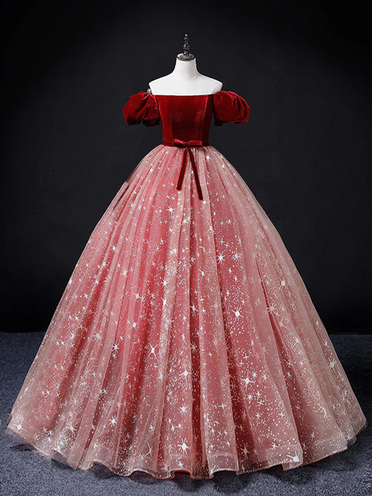 Vestido de fiesta largo de tul burdeos/rosa con corte A, vestido de quinceañera burdeos/rosa ED0748