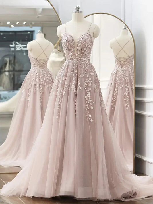 Vestido de fiesta largo de tul con encaje y escote en V, corte A, rosa, ED0750