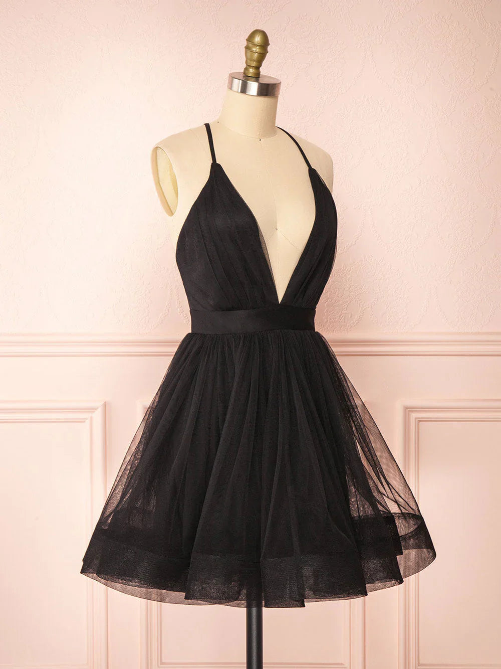 Vestido de fiesta corto negro con escote en V, sencillo, vestido de bienvenida negro ED0753