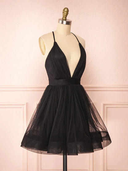 Vestido de fiesta corto negro con escote en V, sencillo, vestido de bienvenida negro ED0753