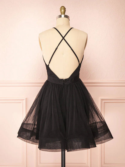 Vestido de fiesta corto negro con escote en V, sencillo, vestido de bienvenida negro ED0753