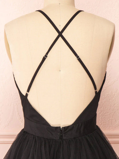 Vestido de fiesta corto negro con escote en V, sencillo, vestido de bienvenida negro ED0753