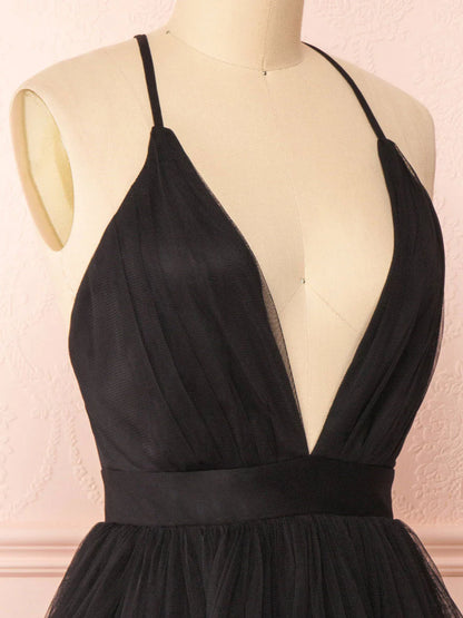 Vestido de fiesta corto negro con escote en V, sencillo, vestido de bienvenida negro ED0753