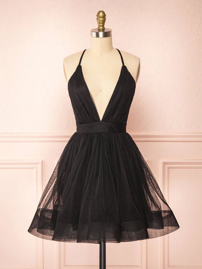 Vestido de fiesta corto negro con escote en V, sencillo, vestido de bienvenida negro ED0753