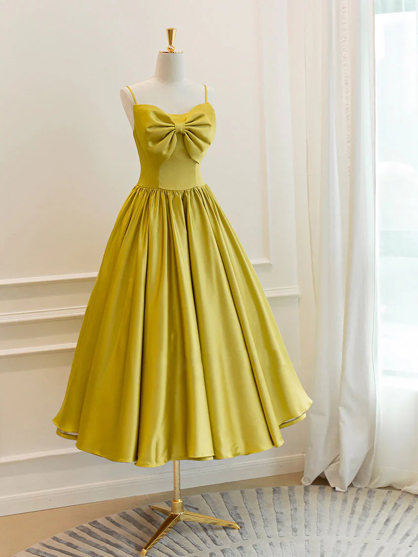 Vestido de fiesta corto sencillo de satén amarillo, vestido de dama de honor amarillo ED0754