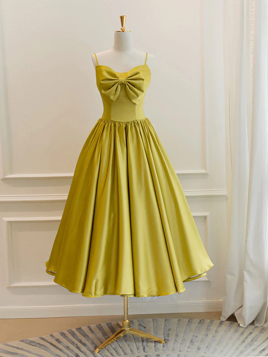 Vestido de fiesta corto sencillo de satén amarillo, vestido de dama de honor amarillo ED0754