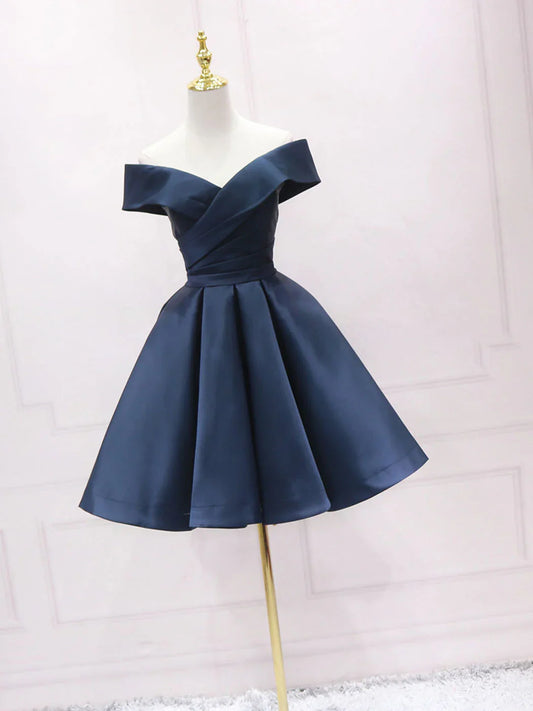 Vestido de fiesta corto de satén azul con hombros descubiertos y sencillo para dama de honor ED0755
