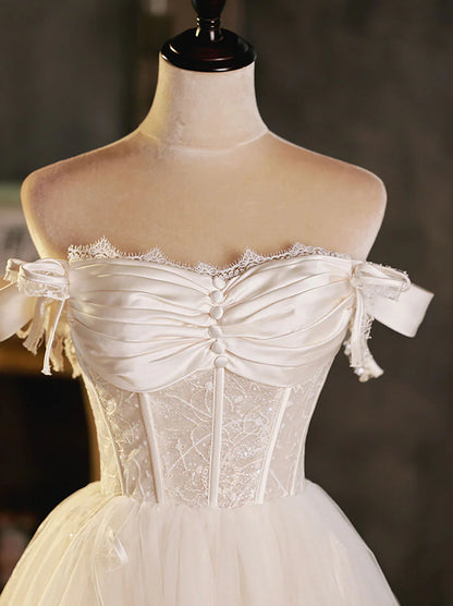 Vestido de fiesta corto de tul con escote corazón color marfil y encaje, vestido de fiesta de tul ED0756