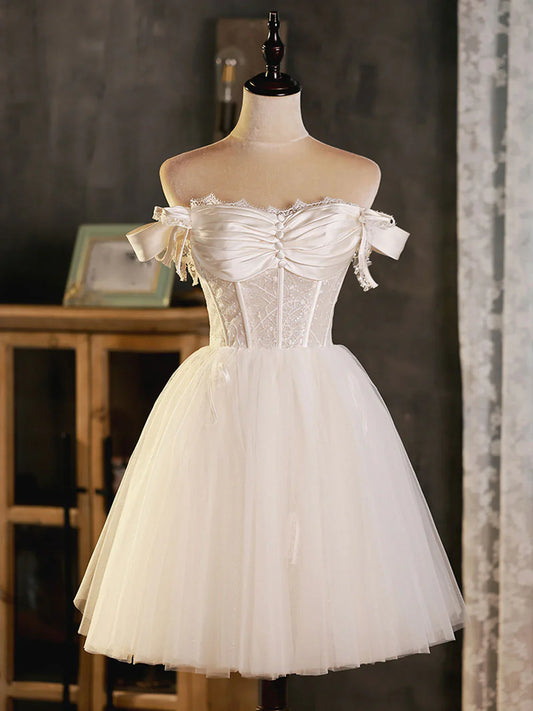 Vestido de fiesta corto de tul con escote corazón color marfil y encaje, vestido de fiesta de tul ED0756