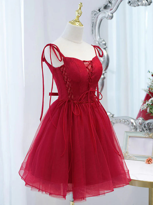 Vestido de fiesta corto de tul burdeos con encaje, vestido de fiesta burdeos ED0758