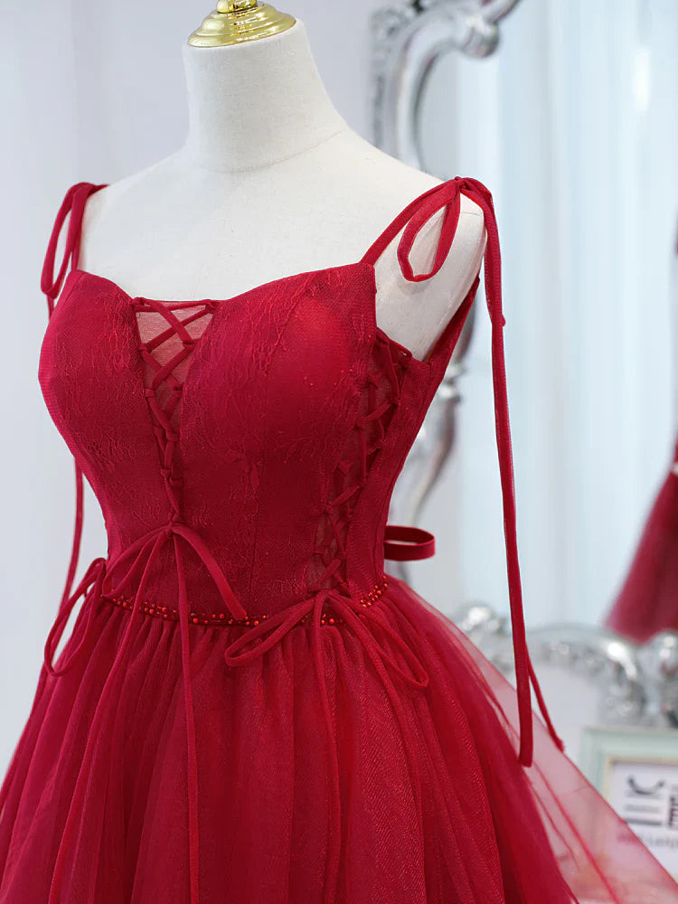 Vestido de fiesta corto de tul burdeos con encaje, vestido de fiesta burdeos ED0758