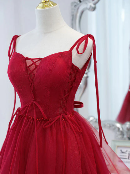 Vestido de fiesta corto de tul burdeos con encaje, vestido de fiesta burdeos ED0758